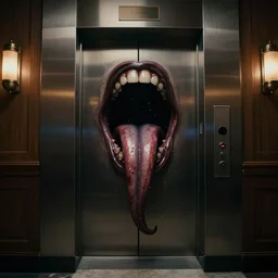horrifying full color photorealistic image of a 1 9 2 5 hotel elevator lobby, elevator doors look like a mouth, with a tentacle - shaped tongue, licking out, dark, atmospheric, brooding, smooth, finely detailed, cinematic, epic, in the style of lee gibbons