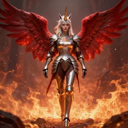 woman - unicorn horn hybrid red angel wings, calm, fiery scenery, full body armor, sparky metallic, unreal engine 5, cinematic lights, high detail, fantasy classic digital art, botticelli style