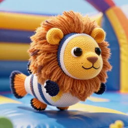 a closeup photorealistic photograph of a cute knitted barracuda lion playing in a bouncy castle. intricate stitching. professional capture. brightly lit scene. this 4 k hd image is trending on artstation, featured on behance, well - rendered, extra crisp, features intricate detail, epic composition and the style of unreal engine.