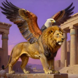 a realistic oil painting of a winged lion's body with an eagle!! head, in an ancient egyptian temple, at purple sunset, highly detailed, trending on artstation, by james gurney and michael whelan and krenz cushart and alphonse mucha