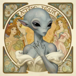 a beautiful portrait of a grey alien anthropomorphic disney princess in the style of dariusz zawadzki, zdzislaw beksinski, giger, cam de leon, and stephen gammell. border and embellishments inspired by alphonse mucha