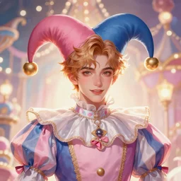 award winning digital portrait of a feminine attractive male jester / fool by sakimichan with soft facial features, hot male art by sakimichan, beautiful carnival with soft pastel colors and lights, trending artstation, digital art, aesthetic, bloom, intricate, elegant, sharp focus, digital illustration, highly detailed, octane render, digital painting, concept art, artgerm, fantasy, masterpiece, by sakimichan and ilya kuvshinov