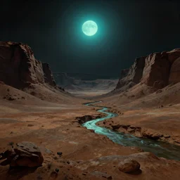 A mars landscape by Chesley Bonestell, detailed, atmospheric, cliffs, dimly lit by the cyan sun, flowing rivers, 8k