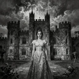 By Tom Bagshaw, ultra realist soft painting of a castle court by night, centered fading Emma watson fully dressed, horror, omnious sky, symmetry accurate features, very intricate details, black and white, volumetric light clouds, 8K