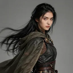 a very tough looking adventurer girl with long black hair wearing a cape, trending on artstation, cinematic composition, detailed, hd, digital art, by greg rutkowski