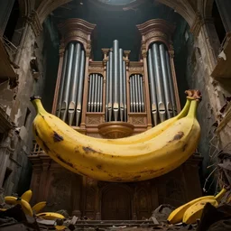 giant pipe organ built into and delapidated buildings, dim volumetric lighting, 8 k octane beautifully detailed render, post - processing, extremely hyper - detailed, intricate, epic composition, giant bananas natural disaster, cinematic lighting, masterpiece, trending on artstation, detailed detailed detailed, masterpiece, stunning art by anders zorn, wonderful masterpiece by greg rutkowski, beautiful cinematic light, american romanticism by greg manchess, jessica rossier