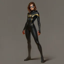 full body character turnaround of a woman in an orb weaver inspired outfit and mask, character sheet, spiderwoman!!!!!, john singer sargent, good value control, digital painting, running shoes, sharp focus, illustration, matte painting, black undersuit, black main color, realistically proportioned body, realistically proportioned head, hoodie
