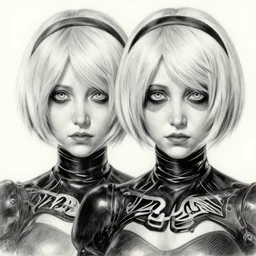 pencil drawing of 2 b nier automata wearing a latex suit, beautiful piercing eyes, hyper realistic face, in the style of greg rutkowski, fantasy, amazing detail, epic, elegant, smooth, sharp focus