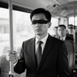 monochrome photograph of a man in a busniess suit with a censor bar over his eye