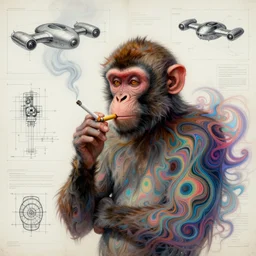 ( monkey smoking a cigarette ) ( ( engineering document, drawing, autodesk blueprint, warp drive ) ) ( ( ( hyper detailed masterpiece, psychedelic fractal pattern, jean giraud, digital art painting, dream wave aesthetic, ethereal, artgerm, donato giancola, tom bagshaw ) ) )
