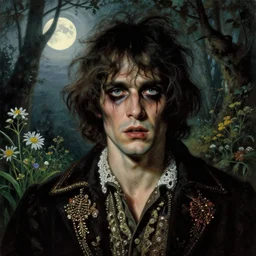 a handsome but sinister and creepy man in layers of fear, with haunted eyes, violence in his eyes, tangled hair, 1 9 7 0 s, seventies, delicate embellishments, a little blood, woodland, moonlight shining on wildflowers, painterly, offset printing technique, by alexandre cabanel