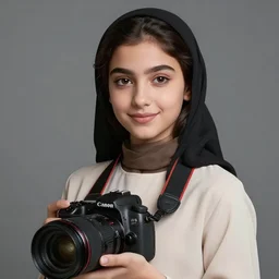 very detailed, photorealistic digital art of a beautiful young middle eastern girl, from the waist up, with sharp features, a beautiful face, soft smile, under studio lighting, taken with a canon eos camera with 1 3 5 mm focal length