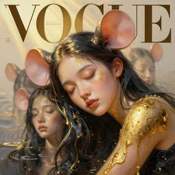 3 d, close - up, sleepy fashion model girl, rat ears, liquid gold and black water, sleepy fashion model, morning, sun rays, vogue cover style, poster art, hyper detail, intricate oil painting, multiple exposure, morning mood, 3 d, by tooth wu and wlop and beeple and greg rutkowski