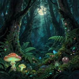 dark amazon rain forest covered with fluorescent mushrooms and ferns inhabited by little monsters, showered by moonlight, natural lighting, playful color scheme, intricate details, matte painting, illustration, hayao miyazaki, w 1 0 2 4