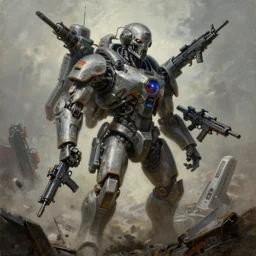 grim oil portrait painting of weaponized high technology, army, destruction, weapons and crafts, futuristic, realistic shaded lighting, octaine rendering, wallpapper, magali villeneuve, trending on artstation
