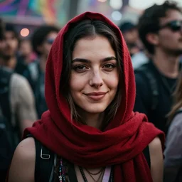 a ultra high resolution close - up of a beautiful young woman standing in crowd of psytrance music festival, looking down at the camera. her face is partially obscured by a red scarf, and she has a smiling expression. the light is dim, and the colours are muted. kodak etkar 1 0 0