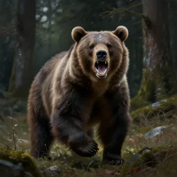 fantasy painting of bear charging towards viewer, roaring, open mouth, teeth, dark forest in background, painted by greg rutkowski and andreas rocha