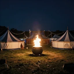 cinematic wide shot of a magical circus in a field at night with large black and white tents and a large cauldron with a white flame, 4 k
