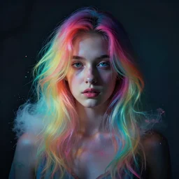 dramatic lighting portrait of a beautiful! young woman with a light skin and rainbow colored cotton candy hair. colorful paint splashes. moody and melancholy. dark background with subtle rim light. digital art by beeple