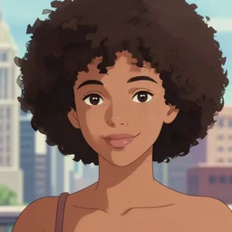 a beautiful woman with a Mild smile and afro hair , dark brown hair and tan skin, dark brown eyes, city landscape, 4k, anime key visual, lois van baarle, ilya kuvshinov, rossdraws, artstation