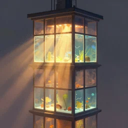 A city tower which have a transparent aquarium all around the windows, by Justin Gerard and Haeckel. Artstation, volumetric light, ray of light, warm colors