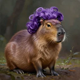 painting of a capybara with a purple wig