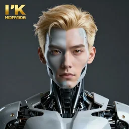 blonde guy, frontview, half face cyborg, 4 k