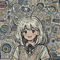 a headshot of a happy cute girl with shoulder - length white short hair wearing school uniform, sharp focus, pure color background, illustration, one third of the screen is left blank, morandi color scheme, art station, by ilya kuvshinov