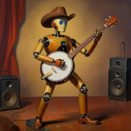 country bumpkin robot, playing a gigantic banjo, standing on a speaker, high detail, style of salvador dali, on a stage, painting by rene magritte, trending on artstation, cyberpunk, style of michael cheval, hyper realistic, s, 8 k