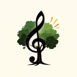 centered minimal silhouette art of an acorn growing into a tree in the shape of a treble clef, with a few scars on the tree, bursts of color, inspire and overcome, playful