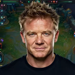 gordon ramsay as a character in the game league of legends, with a background based on the game league of legends, detailed face
