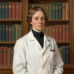 a character portrait of a lady doctor, centered, year 1 8 0 0, illustration, standing in front of a book!!! shelf!!!, facing the camera, by greg rutkowski