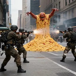 soldiers shooting at a spaghetti monster in new york