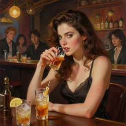 highly detailed painting of a beautiful female drunk in a bar, stephen bliss, 8 k, unreal engine, by greg rutkowski, loish, rhads, artgerm, ferdinand knab, makoto shinkai and lois van baarle, ilya kuvshinov, rossdraws, tom bagshaw, global illumination, radiant light, detailed and intricate environment
