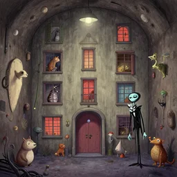 underground house with unusual animals. digital drawing by wes anderson, jean pierre jeunet, tim burton, tomm moore. high quality.