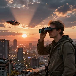wanderer with night vision goggles, dramatic light, sunset, sunrays, flying cars, cyberpunk city in the background, ruins, buildings, dystoptian, gorgeous view, depth, painted by Caspar David Friedrich, gateway, clouds, tending on artstation
