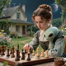 detailed, sharp, a girl playing chess with her cute pet humanoid alien creature, wearing 1850s era clothes, in the garden of a house on an alien planet, extremely highly detailed, highly detailed faces, 70 mm film still from a period sci fi color movie, 4k, HD, cinematic lighting