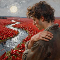 breathtaking detailed soft painting of our caresses on pepper peppery plains, silver time in the sun through rivers, the hand of the country on my shoulder, rembrandt style, elegant, highly detailed, artstation, concept art, matte, sharp focus, art by tom bagshaw, and greg rutkowski