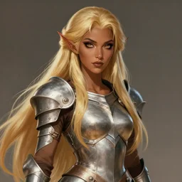beautiful fairy lady, blonde long hair, practical armor, brown skin, demonic eyes, low fantasy, extremely detailed, sharp focus, smooth, digital illustration, by rossdraws, frank franzzeta, sakimichan