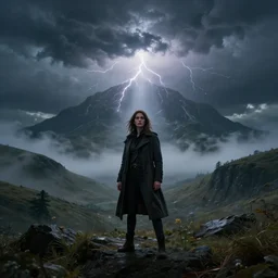 epic portrait cinematic shot an female standing infront of an giant in the hills, cloudy, foggy, storm, lighting strikes, fine details. night setting. realistic shaded lighting poster by craig mullism, artgerm, jeremy lipkin and michael garmash, unreal engine, radiant light, detailed and intricate environment, digital art, trending on art station,