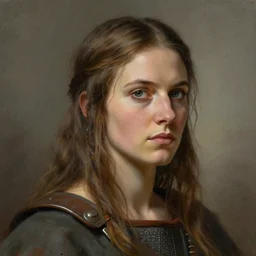 head and shoulders portrait of a barbarian, female, by krenz cushart