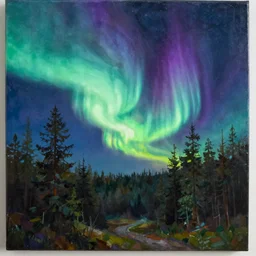 aurora borealis above forest painting by andy kehoe