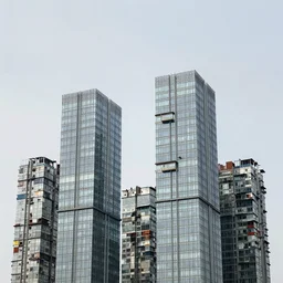 glass towers made up of makeshift squatter shacks, mamiya, 8 5 mm, uniform plain sky, fine details, photographed by julie blackmon