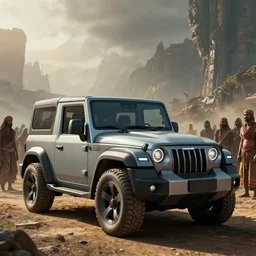 mahindra thar designed by zaha hadid, tribe members watching nearby, an epic fantasy, dramatic lighting, cinematic, establishing shot, extremely high detail, photorealistic, cinematic lighting, artstation, horizon forbidden west