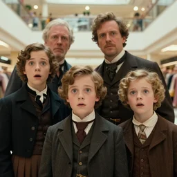 sharp, highly detailed, 8k, high quality 65mm frame scan from a sci fi blockbuster color movie made in 2019, a family of four time travelers from 1890 travel in time to 2019, appearing in a shopping mall, looking surprised, the family are all wearing 1890s era clothes, good lighting, in focus, cinematic still, high quality scan, in focus, 35mm macro lens, detailed eyes, realistic faces and details, oscar winner, award winning lighting, award winning photography, ultra high definition