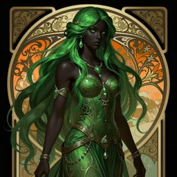 aristocrat, green black orange color palette, black female, d & d, fantasy, intricate, elegant, highly detailed, long green hair, digital painting, artstation, octane render, concept art, matte, sharp focus, illustration, hearthstone, art by artgerm, alphonse mucha johannes voss