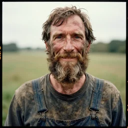 far view, extremely skinny malnourished mitch mcconnell with long beard, wearing dirty overalls, dirty greasy face, grin, portrait, close up, kodak gold 2 0 0, 5 0 mm,