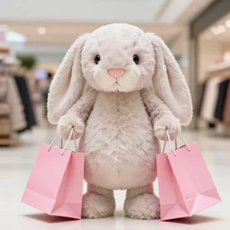 a fluffy cute plush rabbit with very long ears is shopping in the mall with pink shopping bags 8 k, hd