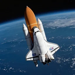 “a photo of a NASA space shuttle flying in space with the earth visible in the background”