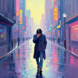 Heartbroken wandering duelist on the endlessly long and rainy cosmic city streets. A concept of Melancholic Euphoric heartshine in the crush of oblivion. The vibrancy of nouveau is gilded with hollow-wishes. Trending on ArtStation. Vivid Pastel Gouache Ink Painting.